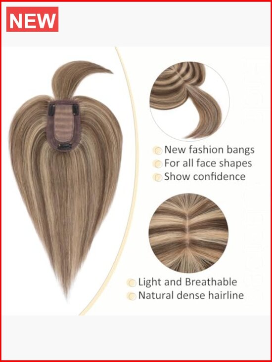 100% Real Human Hair Topper with Bangs - Silk Base Clip In Hair Piece for